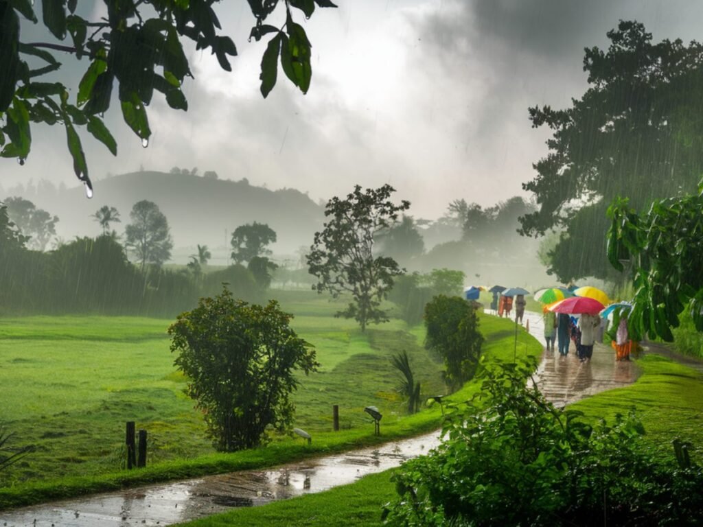 भारत के नक्शे में मानसून की धीमी प्रगति और बारिश का इंतजार दर्शाता मौसम का दृश्य