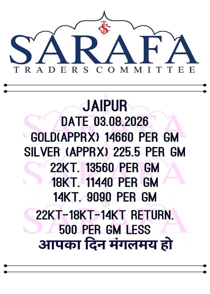 Jaipur Sarafa Rate Today 3 August 2026 gold silver prices 24K 22K 18K 14K Jaipur