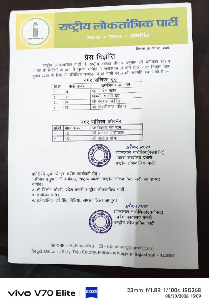 RLP नगर निकाय चुनाव में पार्षद प्रत्याशियों की घोषणा